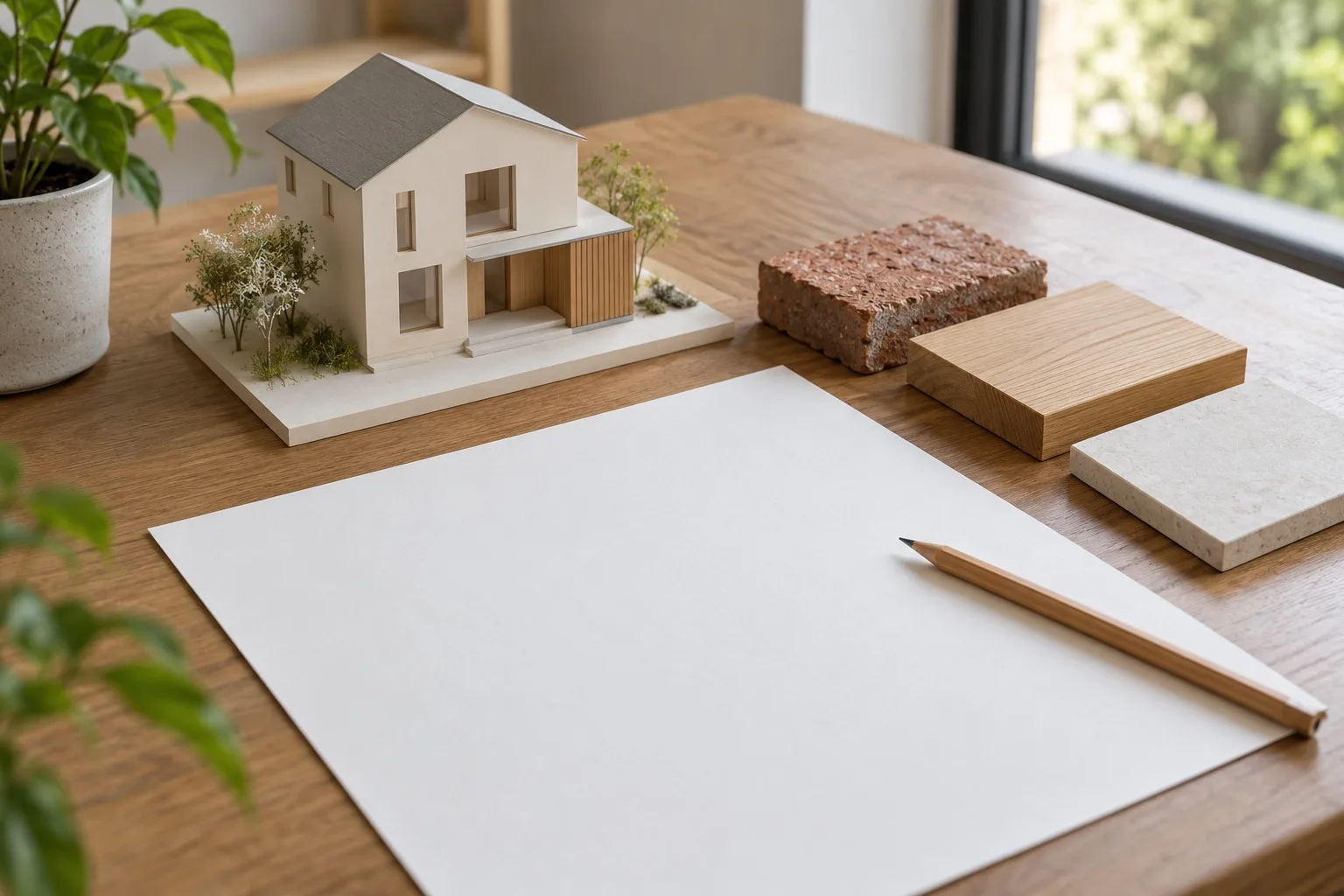 Hausmodell und Materialmuster neben leerem Papier zur Vorbereitung eines Wohnbauprojekts